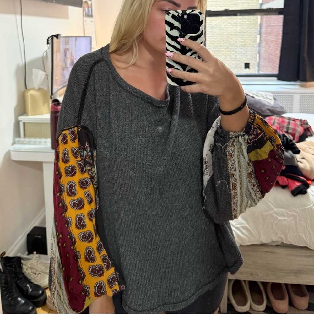 Free People Gray Sweater with Multicolor Patterned Sleeves